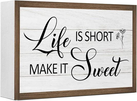 Life is Short Make It Sweet Inspirational Wooden Box Sign Decor,Rustic Motivational Saying Wooden Block Plaque Sign for Home Farmhouse Living Room Bedroom Shelf Desk Table Wall Decor