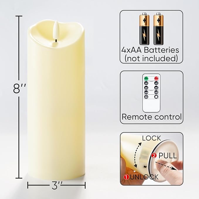 Homemory 3"x8" Outdoor Waterproof Flameless Candles, LED Candles, Battery Operated Candles with Remote and Timers, Electric Fake Plastic Pillar Candles, Dark Ivory, Set of 2