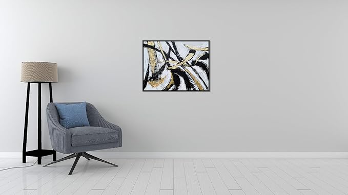 Yihui Arts Black White Canvas Wall Art - Hand Painted Modern Abstract Oil Painting with Gold Foil and Floating Frame