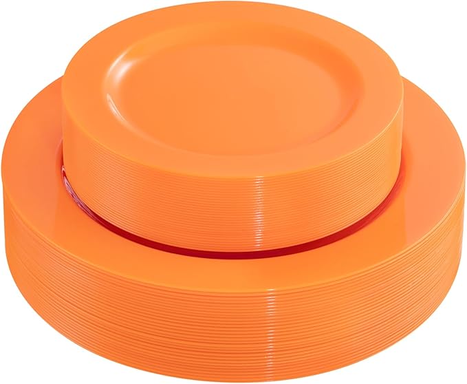 FLOWERCAT 60PCS Orange Plates - Heavy Duty Orange Plastic Plates Disposable for Halloween & Thanksgiving Party - Serve 30 Guests 10.25inch and 7.5inch