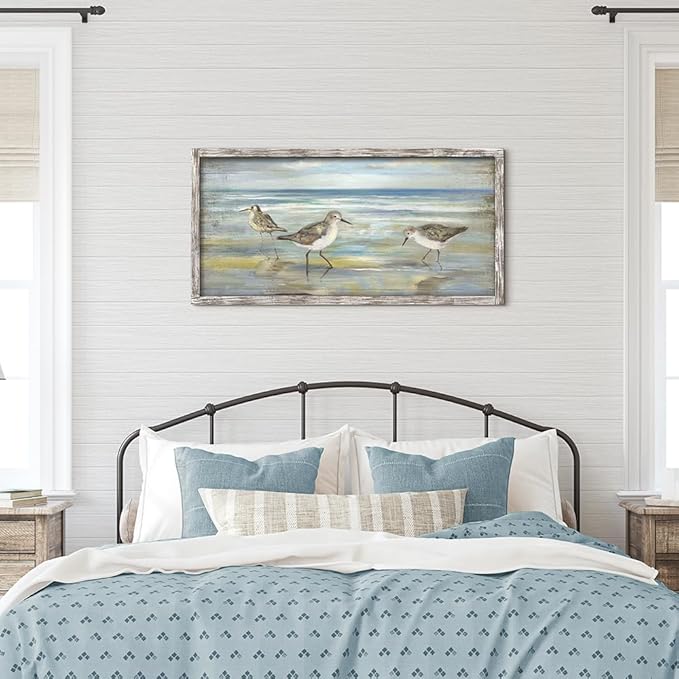 Coastal Beach Framed Birds Abstract Paintings Wooden Prints Wall Art for Bedroom Wall Decor Artworks Pictures Wall Decorations for Living Room Office(40"*20")