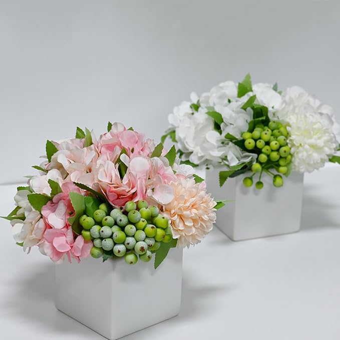 LADADA Flower in Ceramic vase, Artificial Hydrangea Flower Arrangement and vase Home Decoration Artificial Flower (White)