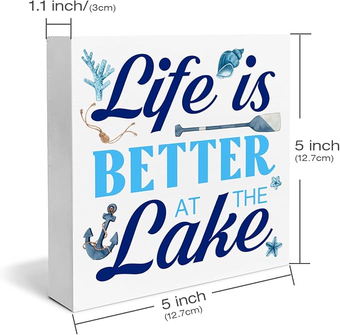 Summer Lake Decor Lake House Wood Block Sign Summer Decorations for Home Desk Table Shelf 5 x 5 Inches
