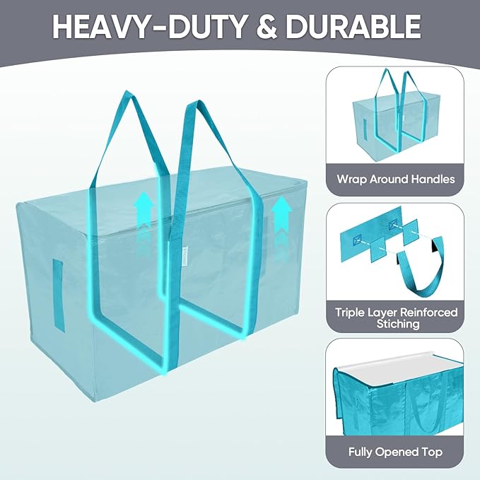 TICONN 6 Pack Extra Large Moving Bags with Zippers & Carrying Handles, Heavy-Duty Storage Tote Moving Boxes for Space Saving (6 Pack, Aqua)