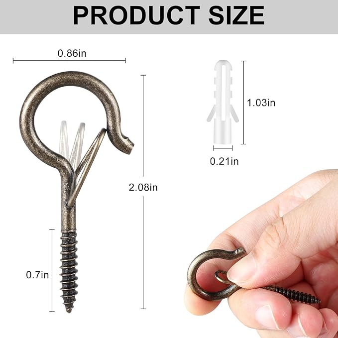 12 PCS Q-Hanger Hooks, Screw Hooks for Outdoor String Lights, Safety Buckle Design Cup Eye Hook for Hanging Christmas Lights, Plants, Wind Chimes, Mounted on Wall Ceiling, Windproof, Copper