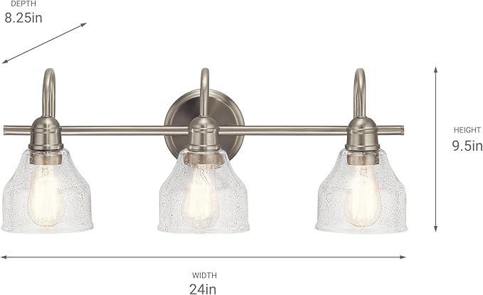 Kichler Avery 24" Vanity Bath Light in Brushed Nickel, Vintage 3-Light Bathroom Wall Mount Fixtured with Clear Seeded Glass, (24" W x 9.25" H), 45973NI