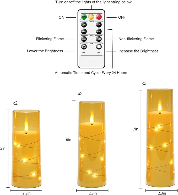 Flameless Candles,with Embedded Star String, Battery Operated Candles Flickering LED Pillar Candles with Remote Control and Timer, Home Decoration Add a Warm and Romantic Atmosphere，Set of 7 (Gold)
