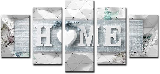 AWLXPHY Decor Heart of Home Love Wall Art Blue and White 5 Panels Framed Canvas Painting for Living Room Decoration Modern Still Life Love Stretched Artwork (Blue, W80 x H40)