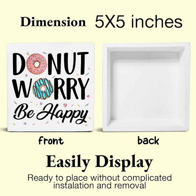 Funny Kitchen Decor Donut Worry Be Happy Wood Block Sign Home Kitchen Desk Table Shelf Decoration