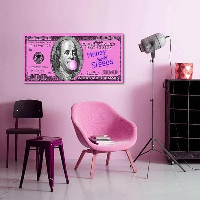 Yatsen Bridge Money Never Sleeps Wall Art Inspiraional Pink Dollar Money Artwork Pop Art Wooden Framed Ready to Hang-32 inch x 16 inch