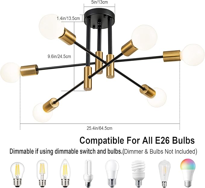 6-Light Modern Sputnik Chandeliers, Black Gold Semi Flush Mount Ceiling Light Fixture, Industrial Farmhouse Kitchen Lighting Fixtures Ceiling Mount for Living Room Bedroom