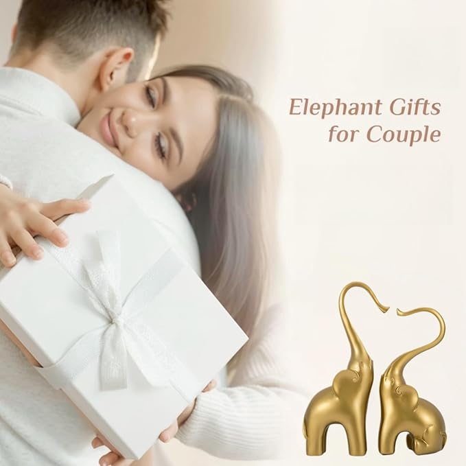 Loving Elephant Statues Home Decor, Small Elephant Figurines in Love for Women, Elephant Sculpture Heart Decorative Objects for Bookshelf Decor (Gold)