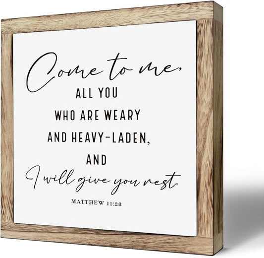 Scripture Sign, I Will Give You Rest Sign, Wooden Plaques Box Signs, Farmhouse Table Decor, Home Decor Accent, Inspirational and Reassuring Wood Sign, Matthew 11:28 Sign, Bible Verse Sign