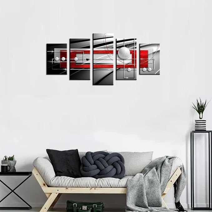 AWLXPHY Decor Abstract Wall Art Large Red and Black White Framed Geometric Canvas Painting for Living Room Decor 5 Panels Modern Simple Circle Line HD Print Artworks Giclee (W80 x H40)