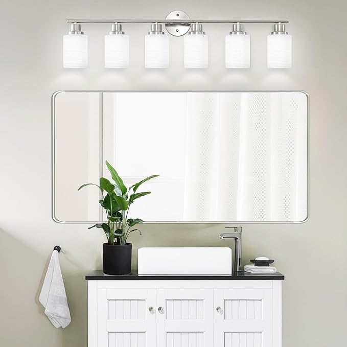 6-Light Brushed Nickel Vanity Lights for Mirror, Bathroom Light Fixtures with Textured Milky White Glass Shade, Modern Kitchen Light Fixtures Wall Sconce Light - E26 Base