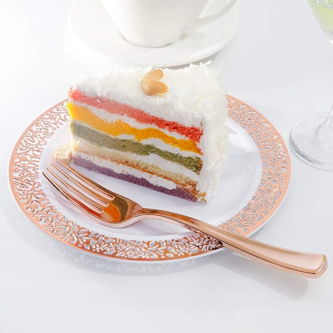 WDF 200 Pieces Rose Gold Dessert Plates with Forks, 100Pcs Lace Design Cake Small Rose Gold Appetizer Plates 7.5" and 100 Pcs Forks 7.4" for Wedding/Party