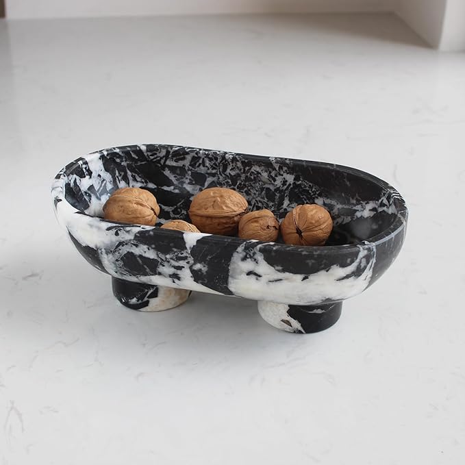 Natural Oval Calacatta Black Marble Fruit Bowl for Kitchen Counter 10", Large Decorative Bowl Two-Legs for Home Decor, Fruits Holder For Dining Table - Kitchen Organization