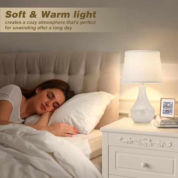 Seealle Modern Ceramic Table Lamps for Night Stands - Bedside Lamps Set of 2 for Nightstand, 19.4" White Bedroom Lamp for Living Room Cute Desk End Table Office Guest Room Dresser Rocker Swtich