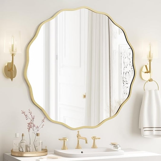 WallBeyond Round Wavy Mirror for Wall Decorative 32 inch, Modern Round Mirror Aluminum Frame for Bathroom Bedroom Living Room Home House Office Entryway, Gold