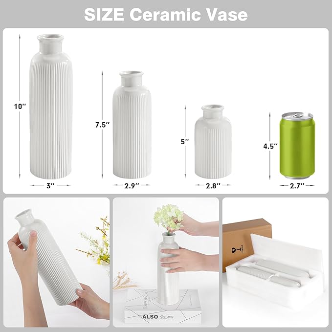 Small White Ceramic Vase Set of 3, Boho Modern White Flower Vase Room Decor, Farmhouse Decor, Vases for Your Kitchen, Bathroom, Bedroom, Living Room, Office&Shelf Centerpiece Table Decorations