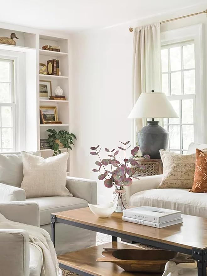 Artificial Eucalyptus Stems in Glass Vase with Faux Water, 14" Fake Plants for Home Decor, Coffee Table Centerpieces, Office, Bathroom & Farmhouse Weddings - Faux Plants Decorations