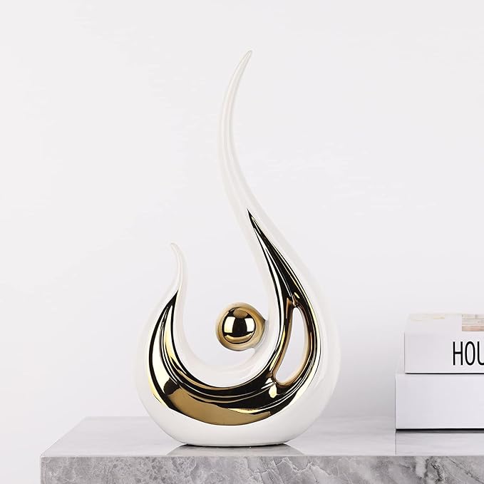 LCCCK White Gold Abstract Figurine Statues for Home Decor – Modern Ceramic Sculpture Accent, Decorative Statues for Living Room, Shelf, TV Stand, Office or Coffee Table Centerpiece Art Decoration
