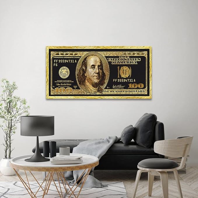 Large Size Motivational Framed Wall Pictures 100 Golden Dollar Money Artwork Posters Prints Culture Style Street Art Inspirational Canvas Painting Wall Art for Kids Room Studio Ready to Hang-48"Wx24"H