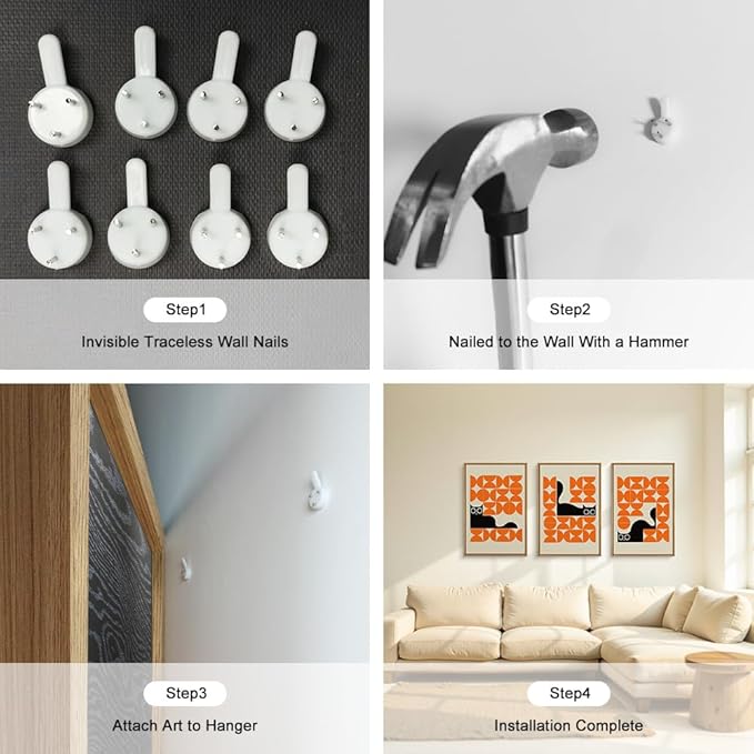 HOURIA Geometric Black Cat Framed Canvas Wall Art Set,Abstract Orange & Cream Wall Decor,Round Eyes Playful Kitten Wall Painting,Modern Animal Prints for Nursery,Living Room,Office - 16"x24"x3