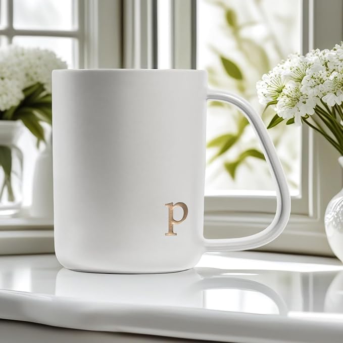 COLLECTIVE HOME - Ergonomic Handle Ceramic Mug, 15 oz Personalized Coffee Cup with Golden Initial, Microwave & Dishwasher Safe, Elegant Monogram Tea Mug in Gift Box for Home & Office (White-p)