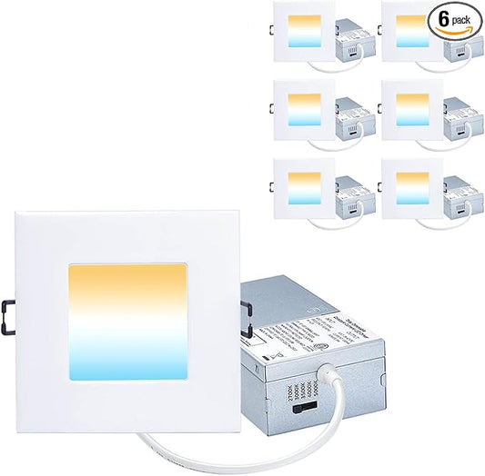 Recessed Lighting 4-inch Square-LED - Canless Recessed Light Fixture, Dimmable Ceilling Light with Junction Box, 2700|3000|3500|4000|5000K, 9W, White, 6P