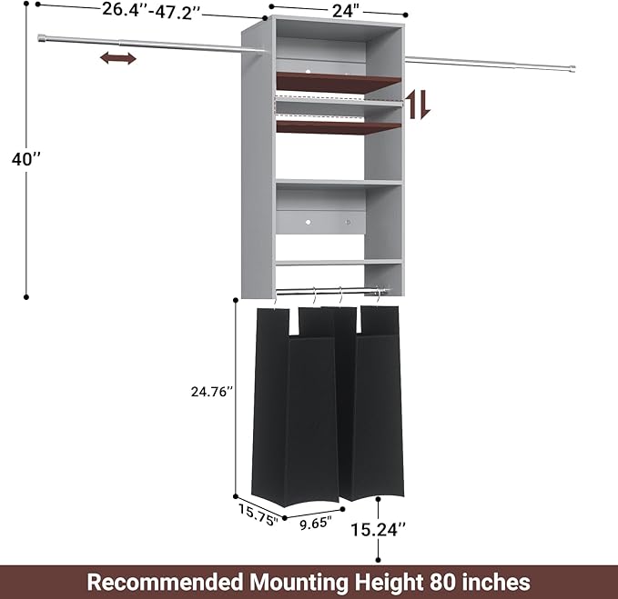 Hanging Closet System with 2 Laundry Hampers, Wood Closet Organizer System with Towers and Hanging Rods, Fits 2-10 Ft. Wall Mounted Closet Systems for Walk-in Closet, Laundry Room, Grey