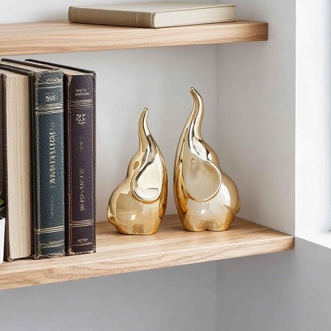 Ceramic Elephant Figurines with Trunk Up, Pair Couples Loving Elephant Statue, Small Figurines Sculpture African Home Decor, Valentine Elephants Gifts for Women, Wedding Knick Knacks（Gold）