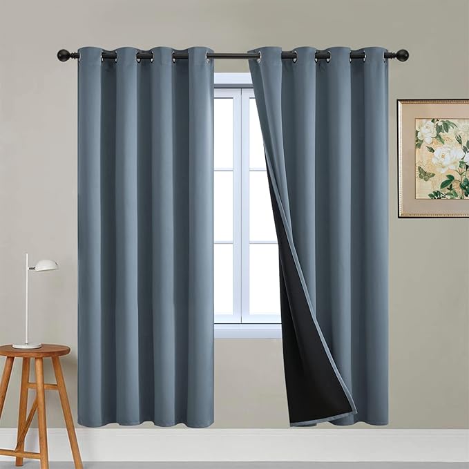 Yakamok Total Blackout Curtains, 2 Thick Layers Completely Blackout Soild Thermal Insulated Drapes with Black Liner for Bedroom(52Wx72L, Stone Blue, 2 Panels)