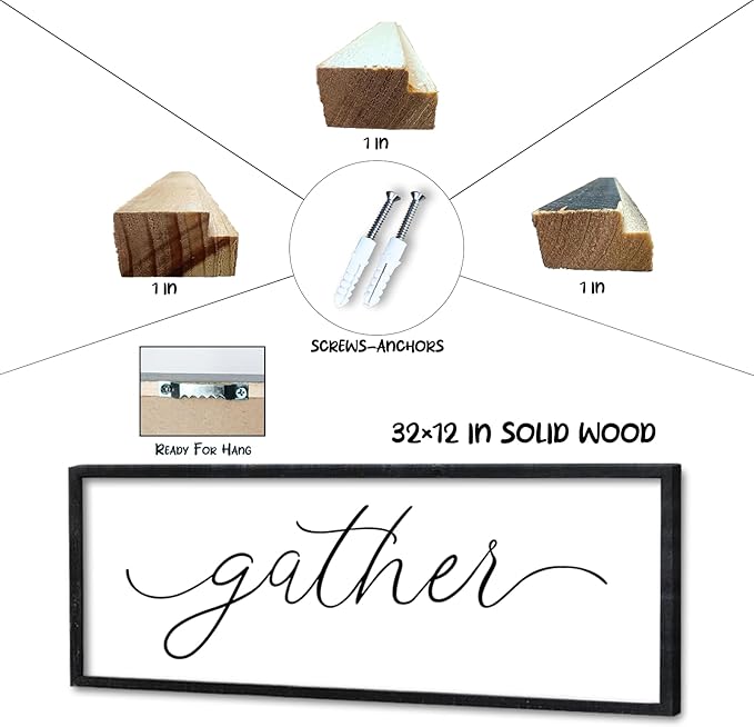 Surfapans Dining Room Wall Decor Gather Sign 32"×12" for Family Gathering Rustic Farmhouse Kitchen Vintage Simple Large Modern Plaque Wood Framed Home Horizontal Hanging Art (Black)