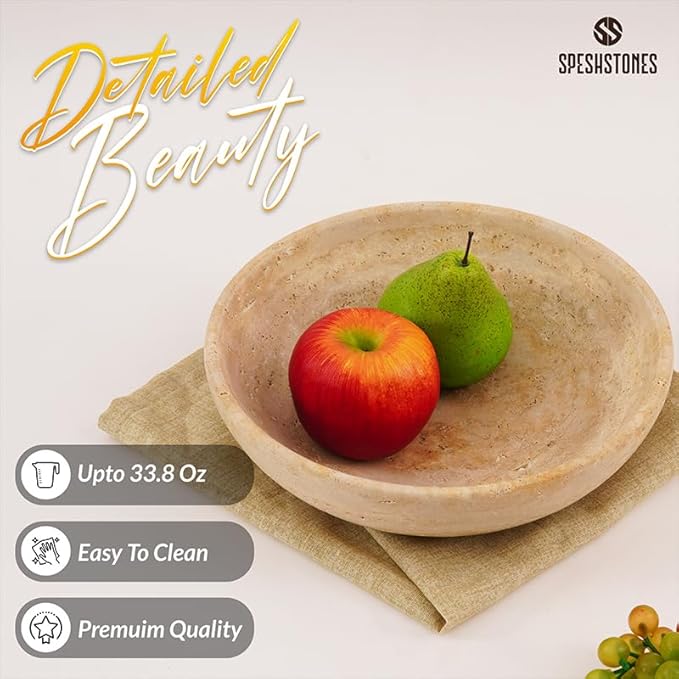 Marble Fruit Bowl 10 Inch Handmade Travertine Large Decorative bowls For Kitchen Counter, Dining & Coffee Table Centerpiece - Modern Pedestal Bowl for Entryway and Home Decor