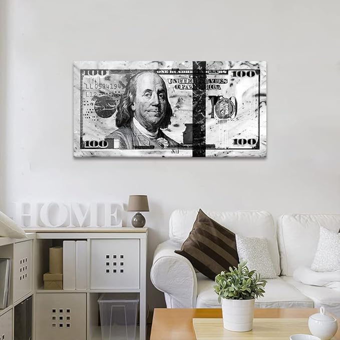 Black and White Office Decor Wall Art Canvas 100 Dollar Money Posters and Prints Artwork HD Print 100 USD Bill Money Work Pictures for Office Home Living Room Bedroom Rest Room Framed-32"Wx16"H