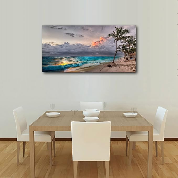 Beach Pictures Wall Art Canvas Prints Seascape Poster Bathroom Decor Blue Ocean Green Tree Painting for Living Room Bedroom Home Kitchen Decoration 20x40 Wooden Frame Natural Landscape Artwork