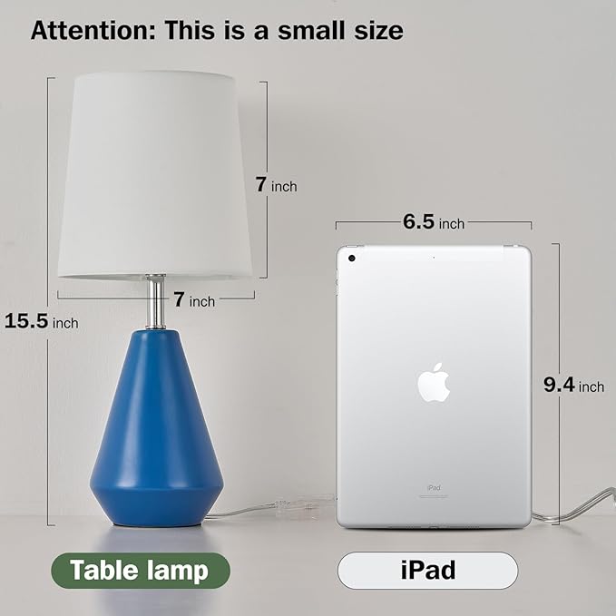 Small Bedside Table Lamp for Bedroom-Reading Desk Lamp Set of 2,with 3 Color Temperatures,15.5" Nightstand Ceramic Lamp with Fabric Shade for Kids Room,Living Room,Dorm,Home Office(Blue+White)