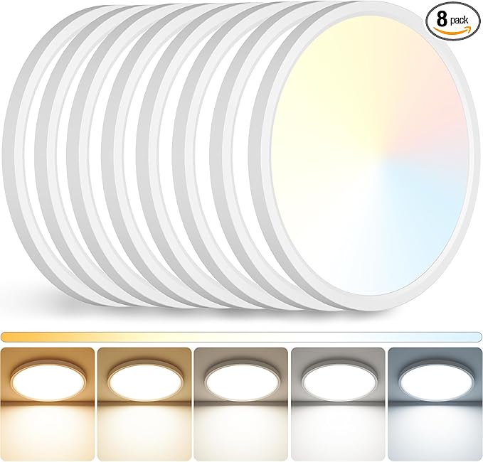 Peasur 12 inch LED Ceiling Light, 3000K/3500K/4000K/5000K/6500K Adjustable Flush Mount Light Fixture, 2400LM 24W Thin White Round Lamp for Hallway Kitchen Bathroom Bedroom, 8Pack