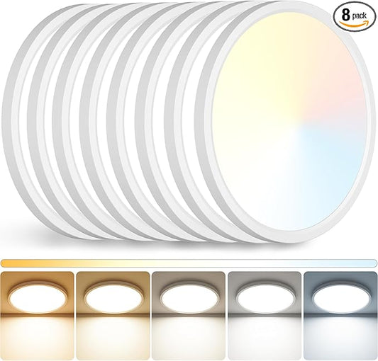 Peasur 12 inch LED Ceiling Light, 3000K/3500K/4000K/5000K/6500K Adjustable Flush Mount Light Fixture, 2400LM 24W Thin White Round Lamp for Hallway Kitchen Bathroom Bedroom, 8Pack