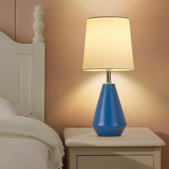 Small Bedside Table Lamp for Bedroom - Reading Desk Lamp with 3 Color Temperatures，15.5" Nightstand Ceramic Lamp with Fabric Shade for Kids Room,Living Room,Dorm,Home Office (Blue+White)