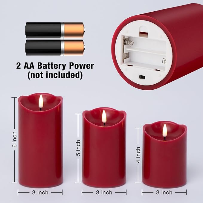 Eywamage Red Flameless LED Pillar Candles with Remote, Real Wax Flickering Battery Operated Christmas Candles Set of 3