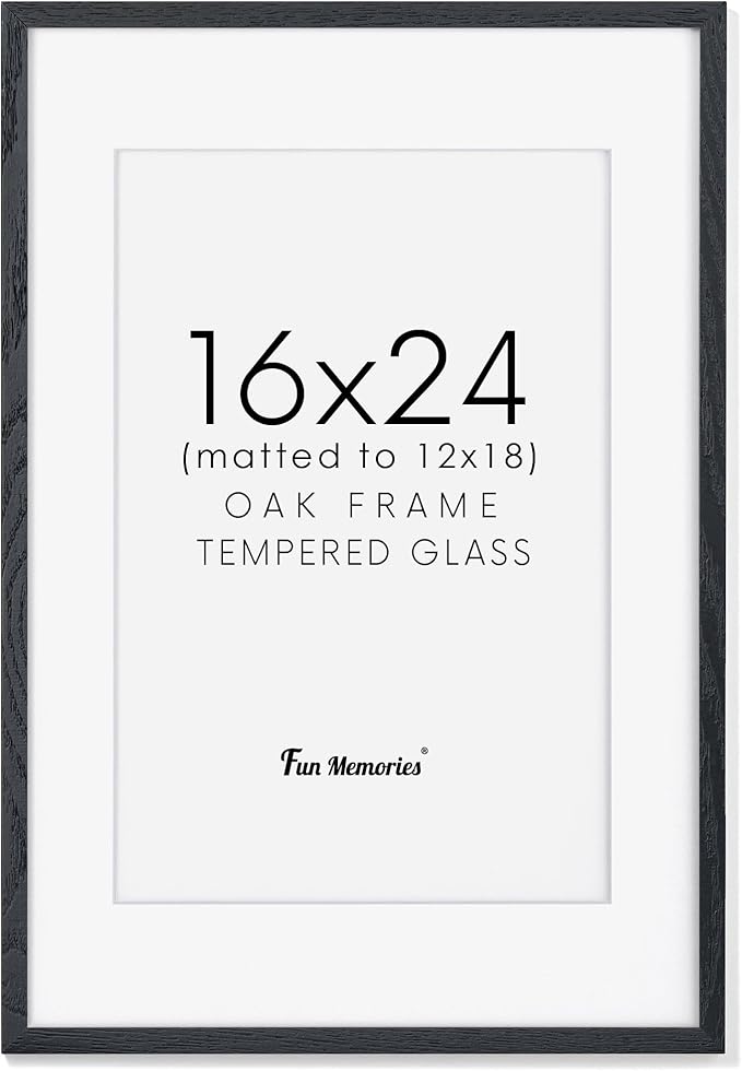 16x24 Wood Picture Frame, Real Oak Wood 16 x24 Frame for Wall, 16x24 Inch Poster Frame, 16x24 Picture Frame Matted to 12x18, 16 by 24 Wooden Frame, Black Color, 1 Pack
