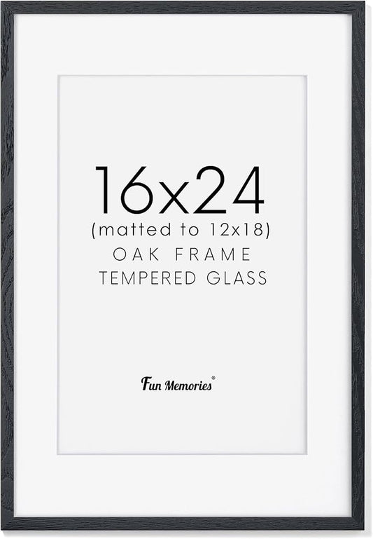 16x24 Wood Picture Frame, Real Oak Wood 16 x24 Frame for Wall, 16x24 Inch Poster Frame, 16x24 Picture Frame Matted to 12x18, 16 by 24 Wooden Frame, Black Color, 1 Pack