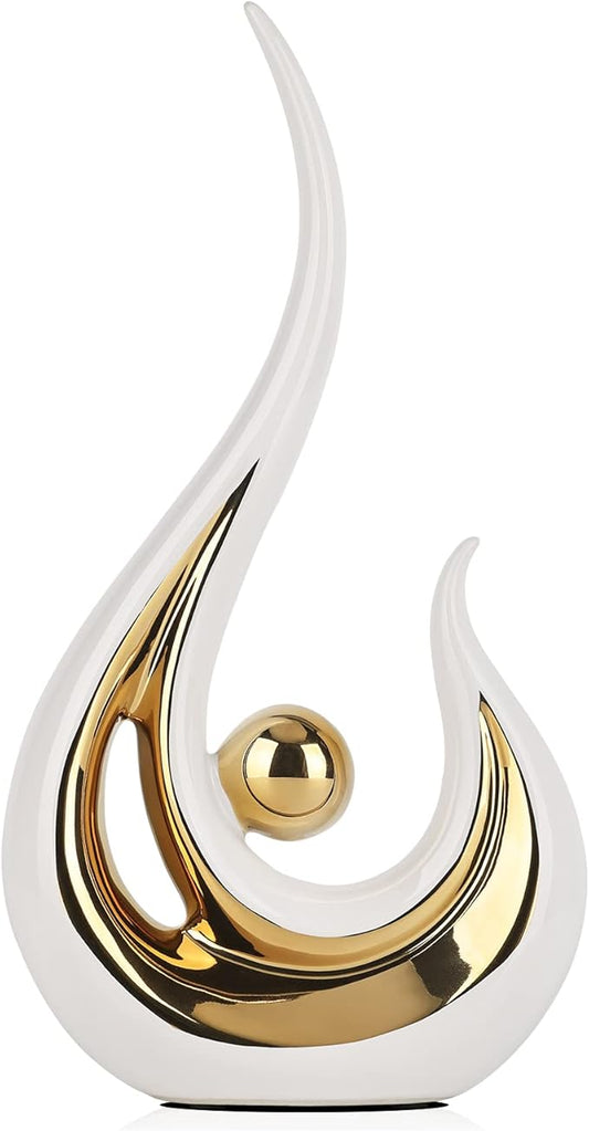 LCCCK White Gold Abstract Figurine Statues for Home Decor – Modern Ceramic Sculpture Accent, Decorative Statues for Living Room, Shelf, TV Stand, Office or Coffee Table Centerpiece Art Decoration