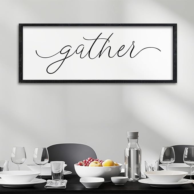 Surfapans Dining Room Wall Decor Gather Sign 32"×12" for Family Gathering Rustic Farmhouse Kitchen Vintage Simple Large Modern Plaque Wood Framed Home Horizontal Hanging Art (Black)