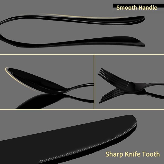 Aisoso Black Silverware Set, 20-Piece Stainless Steel Flatware Cutlery Set Service for 4, Include Knife Fork Spoon, Stylish Mirror Finish, Perfect for Home Kitchen Restaurant