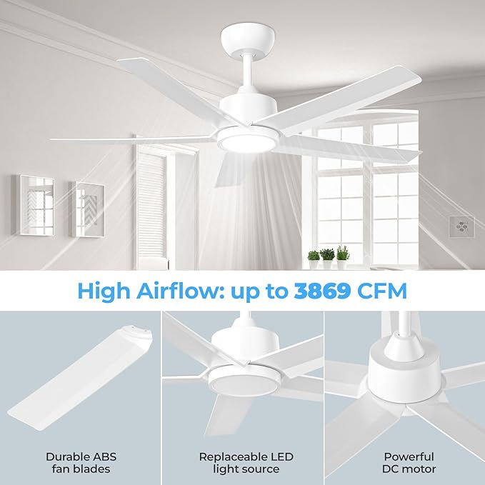ocioc 44 Inch Ceiling Fans with Lights and Remote,Reversible Quiet DC Motor,Dimmable,Stepless Color Temperatures,Modern White Ceiling Fan for Bedroom,Living Room,Dining Room