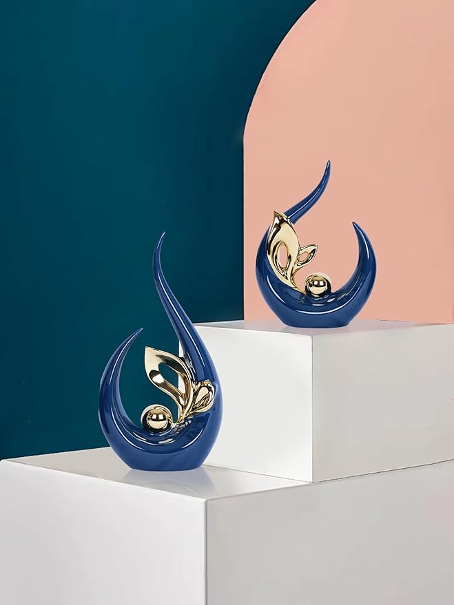 2 PCS Navy Blue and Gold Mid Century Modern Ceramic Statue Sculpture - Home Decor for Living Room, Kitchen, Coffee and Dining Table Centerpieces