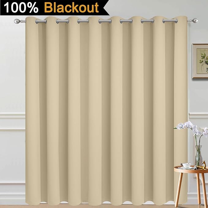 Yakamok 100% Blackout Thermal Insulated Grommet Curtains, Noise Reducing Barrier Panel for Sliding Glass Door, 2 Thick Layers Heat Full Light Blocking Patio Door Drapery, Beige, W100 x L84, 1 Panel